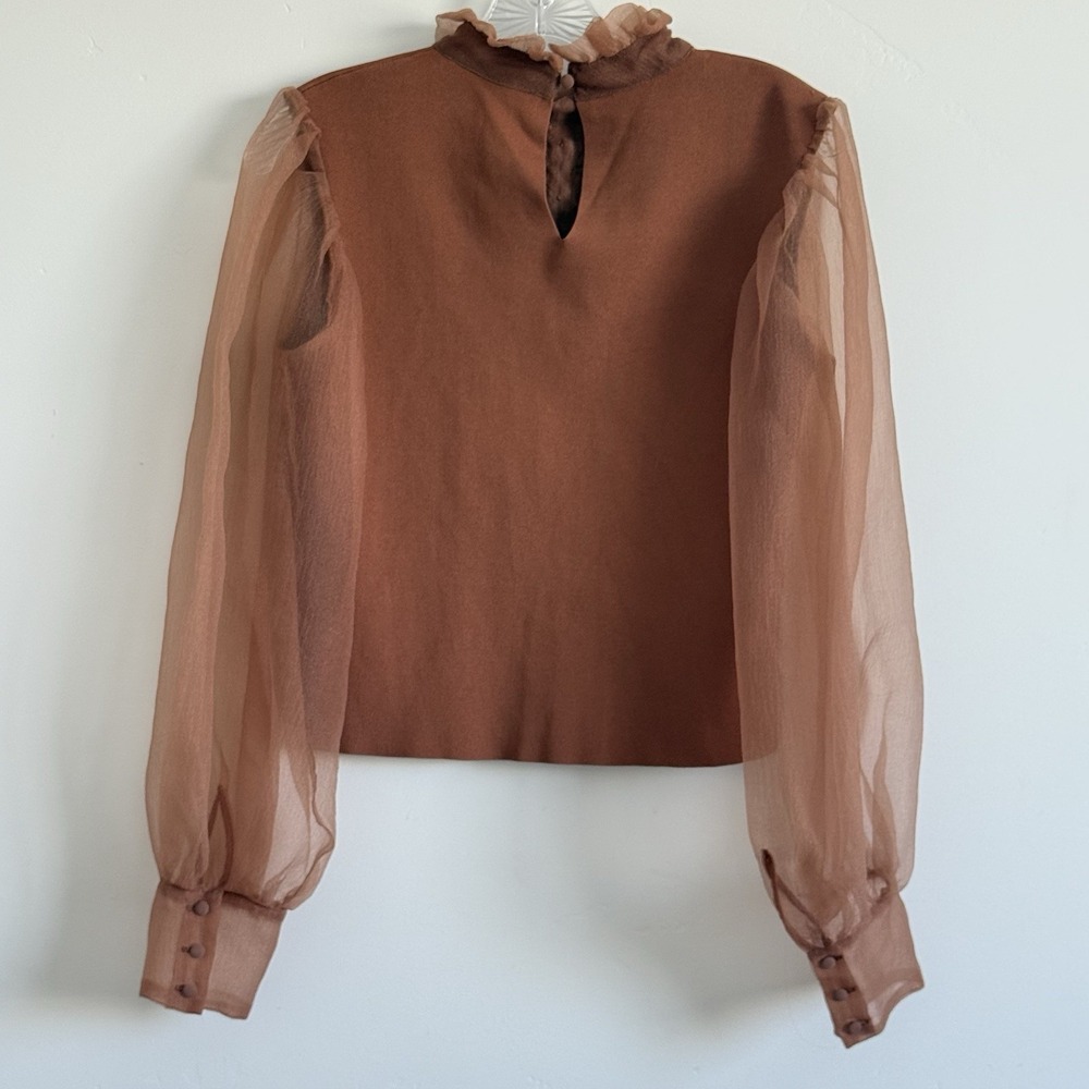 ZARA Brown/Taupe Top Organza Ruffle Woman M Poet Pirate Career Steam punk - Picture 6 of 13